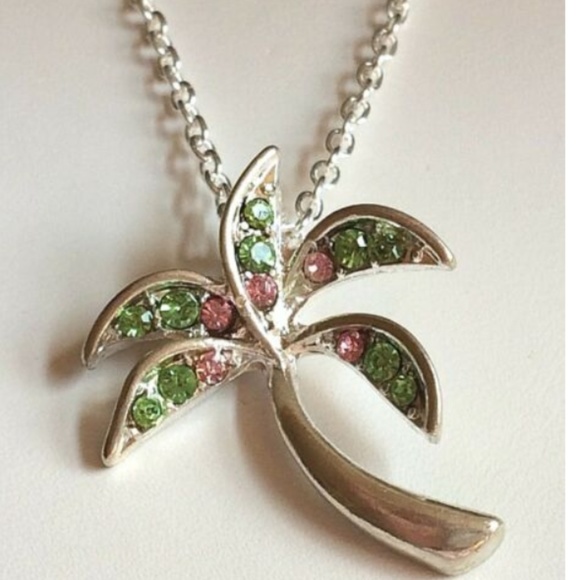 Vintage Silver Coconut Palm Tree Necklace 18" Crystal Island Plated Pendant - Picture 7 of 9